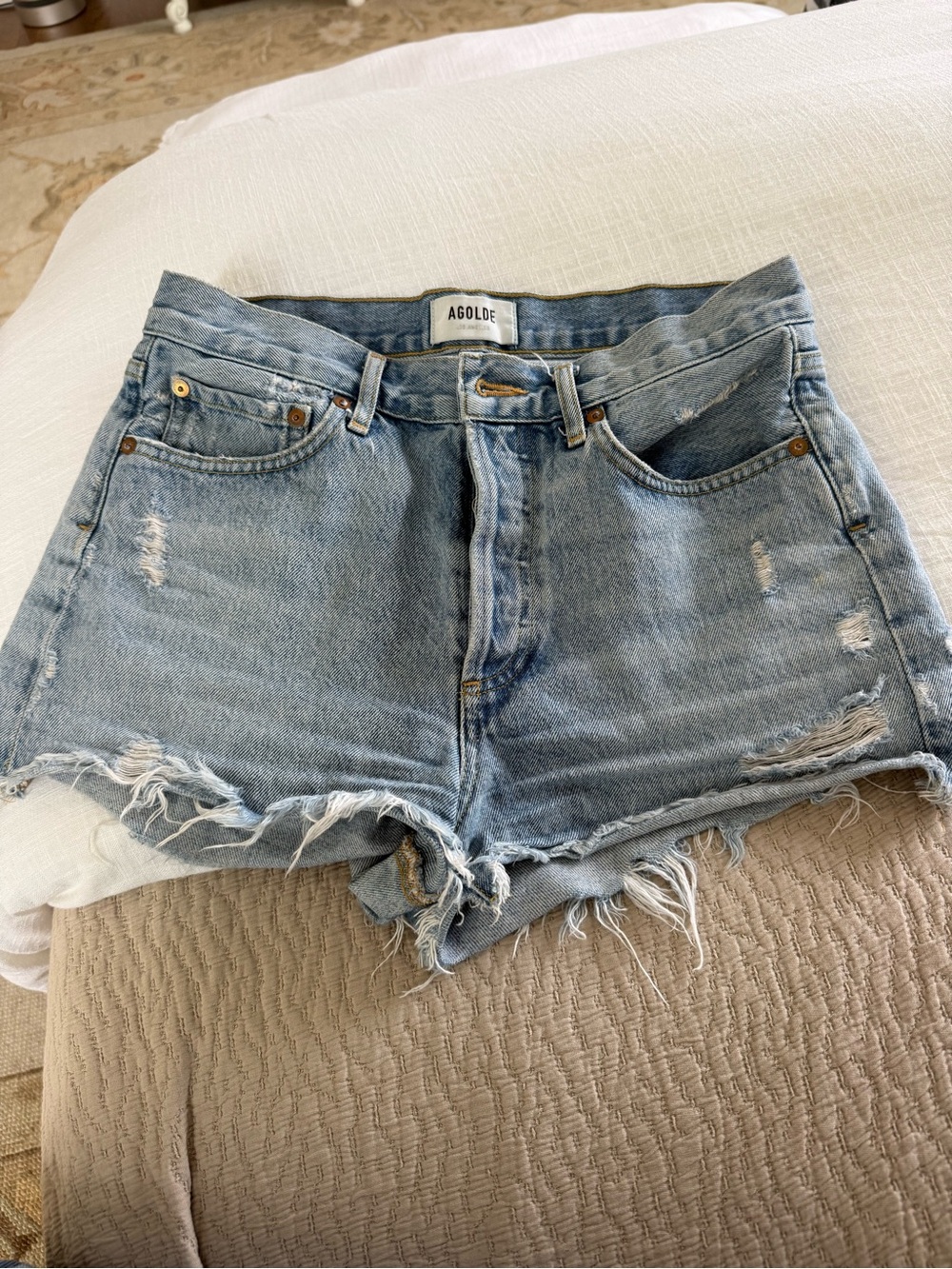 Agolde Light Wash Distressed Denim Cutoff Shorts